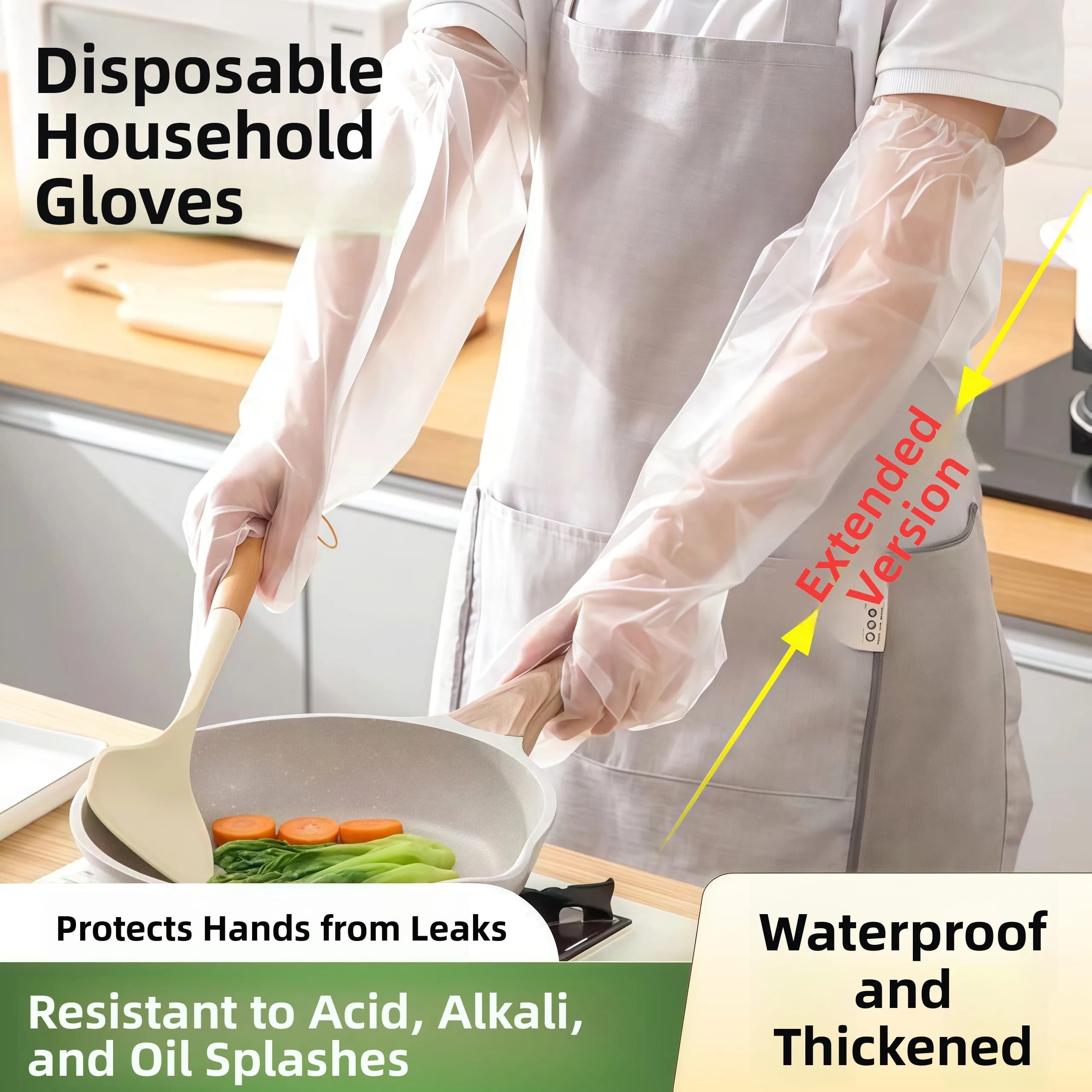 Guanti da cucina monouso resistenti all'usura con polsino lungo per lavori domestici, guanti in lattice impermeabili e durevoli per lavare i piatti e pulire