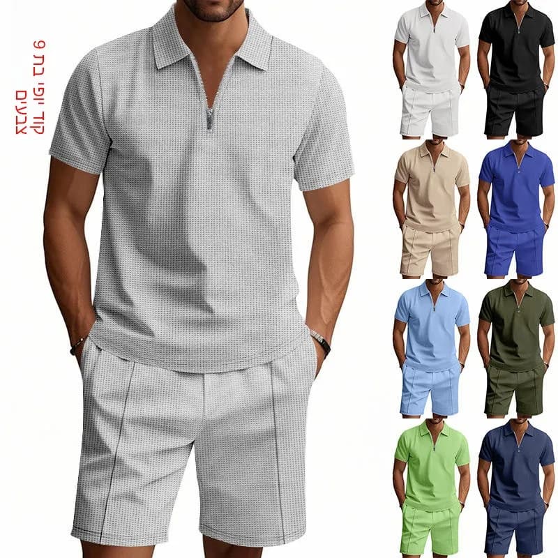 American Style Summer Men's Casual Loose Zipper Short Sleeve Shirt Beach Shorts Set Simple Fashionable Comfortable