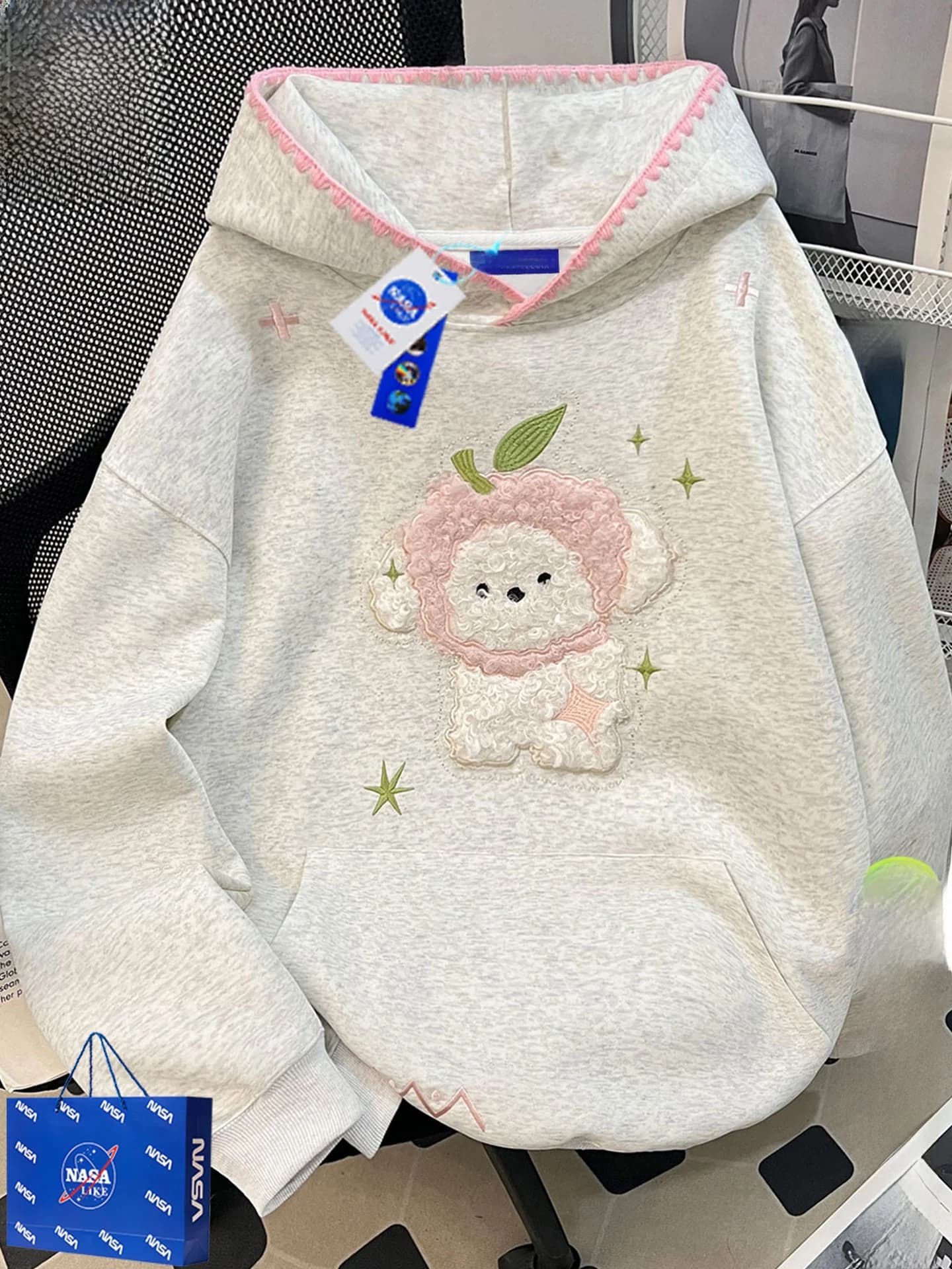 Felpa con Cappuccio Ricamata a Forma di Cane Soffice per Donna, Comoda e Ampia, Foderata in Pile, Carino Capospalla Autunnale in Fibra di Poliestere