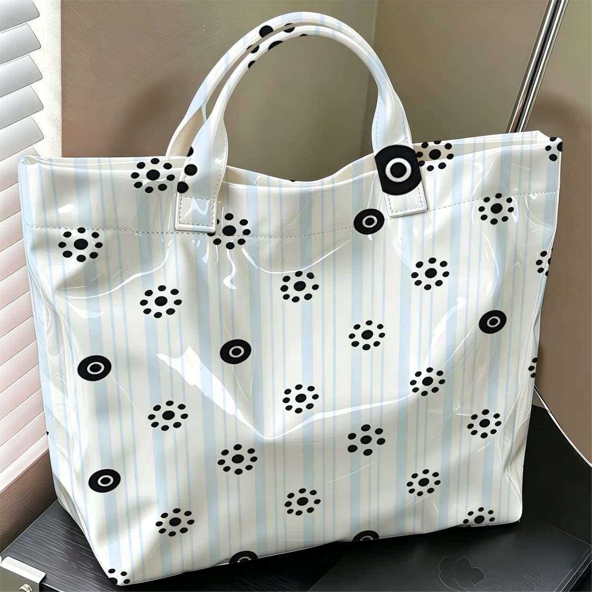 Black Dot Stripe Cute Large Glossy PVC Tote Bag Hand Washable Lightweight Soft Great for Travel Commute Makeup Storage Handbags
