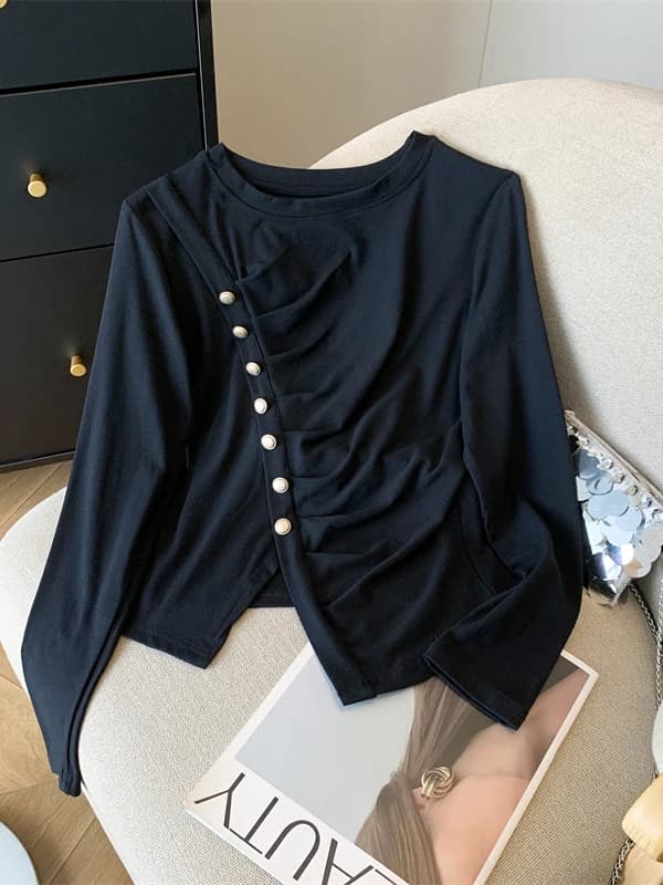Casual Style Slim Fit Short Sleeve Women's T-shirt Spring Fashion Design Sense Asymmetrical Slit Long Sleeve Folded Bottom Shirt