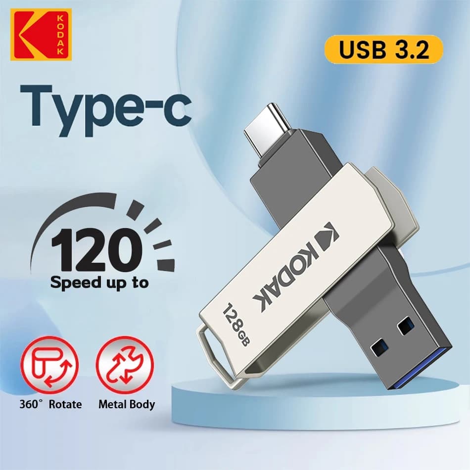 Kodak Type C Pendrive USB 3.2 Chiavetta USB in metallo 128 GB 64 GB 32 GB 256 GB HDD 2 in 1 U-disk per chiavi Smartphone Laptop Desktop