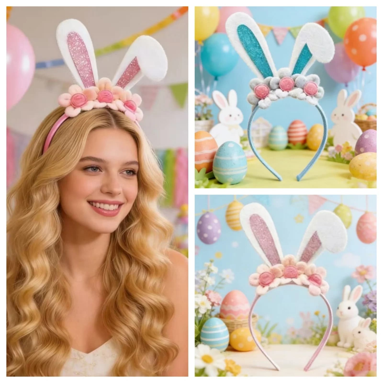 1 fascia per capelli con orecchie di coniglio pasquale per donna, fascia per capelli con orecchie di coniglio scintillanti e decorazioni floreali, grazioso accessorio per capelli pasquale