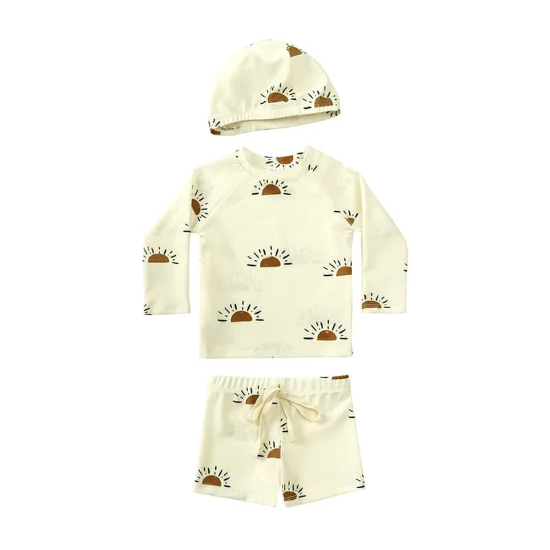 Boys Summer Children Boy Swimwear Holiday Beach pants Top with Hat Baby Set Long Sleeved Swimwear Set