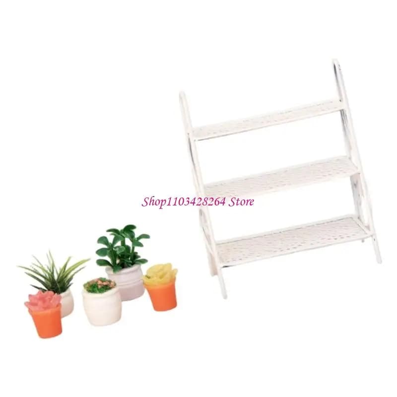 1/12 Scale Doll House Miniature Iron Plant Stand with Potted Plant For Realistic Microlandscape Garden Scene Decoration