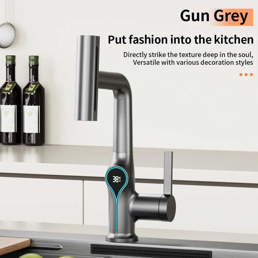 Rubinetto da cucina con display digitale della temperatura a cascata, miscelatore per lavello con getto regolabile, acqua calda e fredda, per bagno