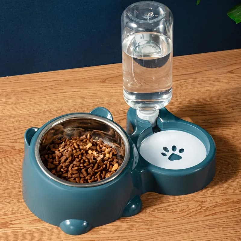 2-in-1 Oblique Angle Pet Feeding Basin, Double Stainless Steel Automatic Refill Cat Bowl Dog Bowl, Anti-Tilt Food Water Dual Bow
