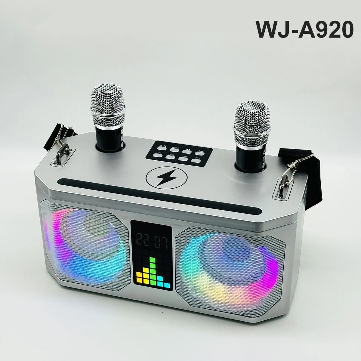 WJ-A920 Wireless Karaoke Machine Speaker with 2 Mics 15W Fast Charging RGB LED Display Support Echo & Voice Change for Home KTV
