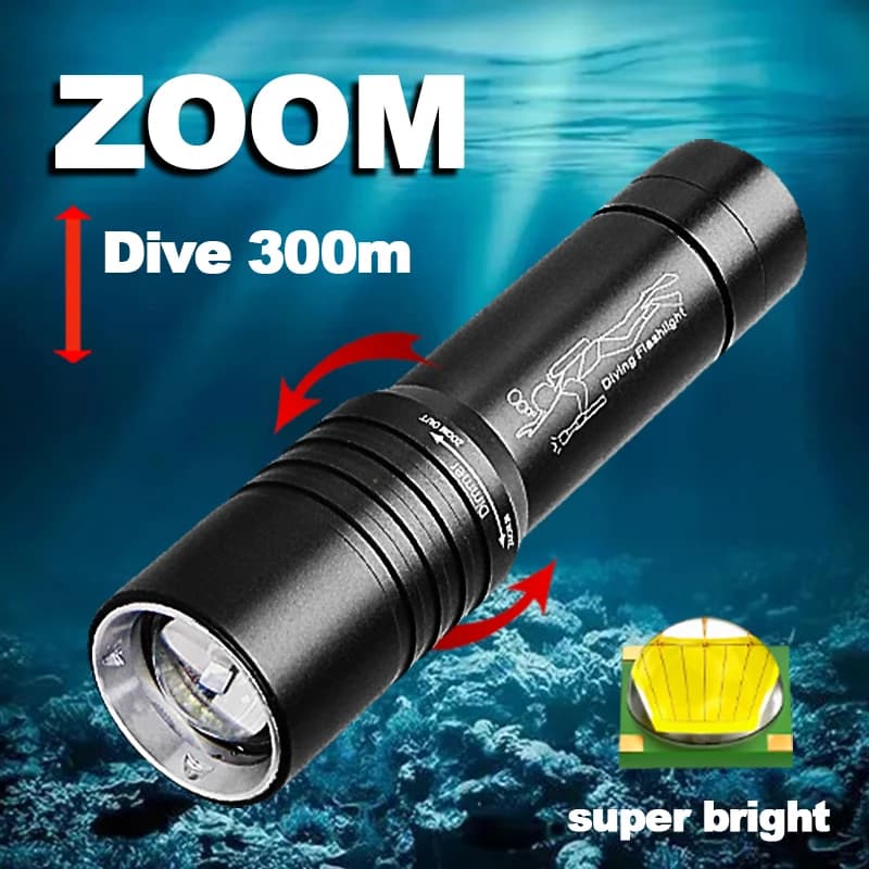 IP8 Zoom Diving Flashlight Waterproof Highest Classification Professional underwater light battery powered 18650 with hand rope
