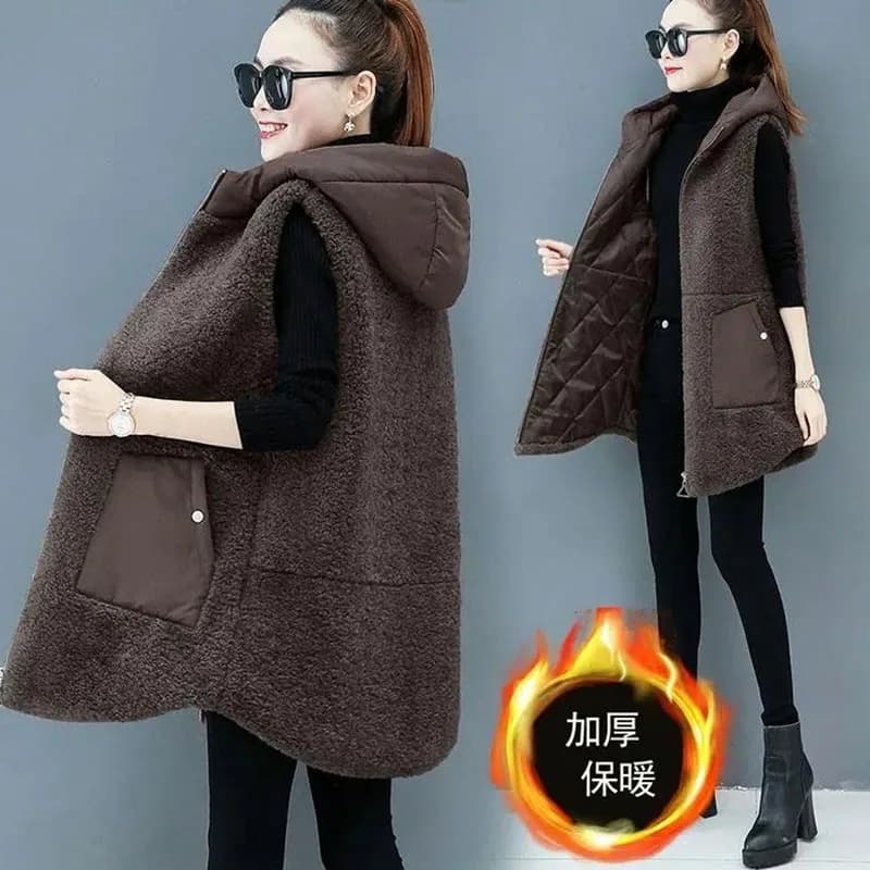 Cappotto gilet in lana di agnello da donna nuovo autunno inverno caldo cardigan con cappuccio top senza maniche gilet spesso moda coreana femminile allentato