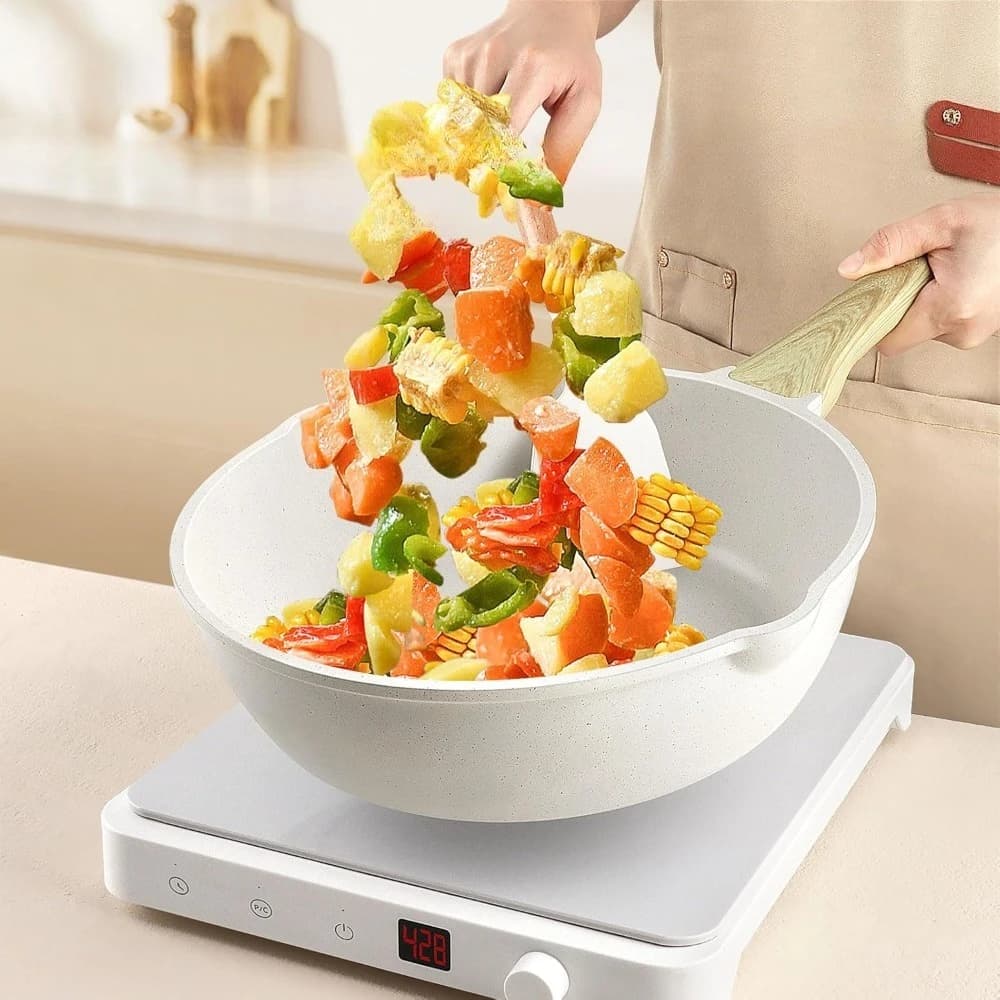 14 Pieces, White Granite, Suitable for Induction, Kitchen Set with Padelle and Casseruole