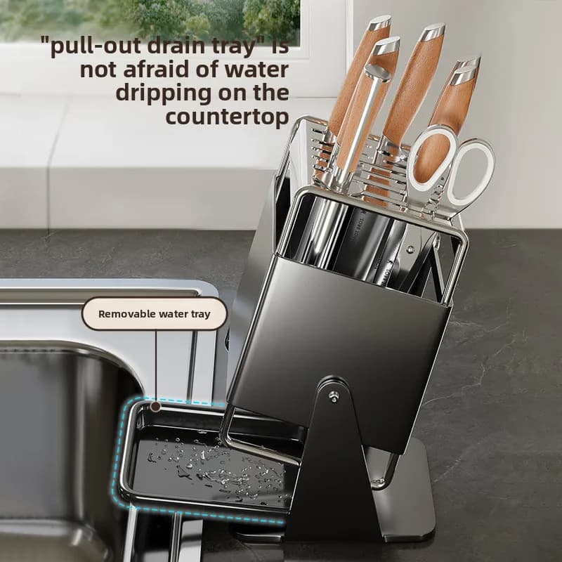 Cream Style Stainless Steel Rotary Tool Holder - Countertop Multifunctional Utensil Organizer for Kitchen Knife Spice