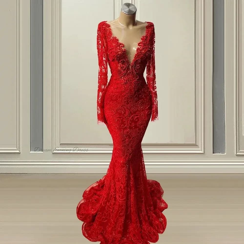 Customized Beautiful Deep V-neck Long Sleeves Mopping Women's New New Dresses Blingbling Evening Dresses Lace Appl
