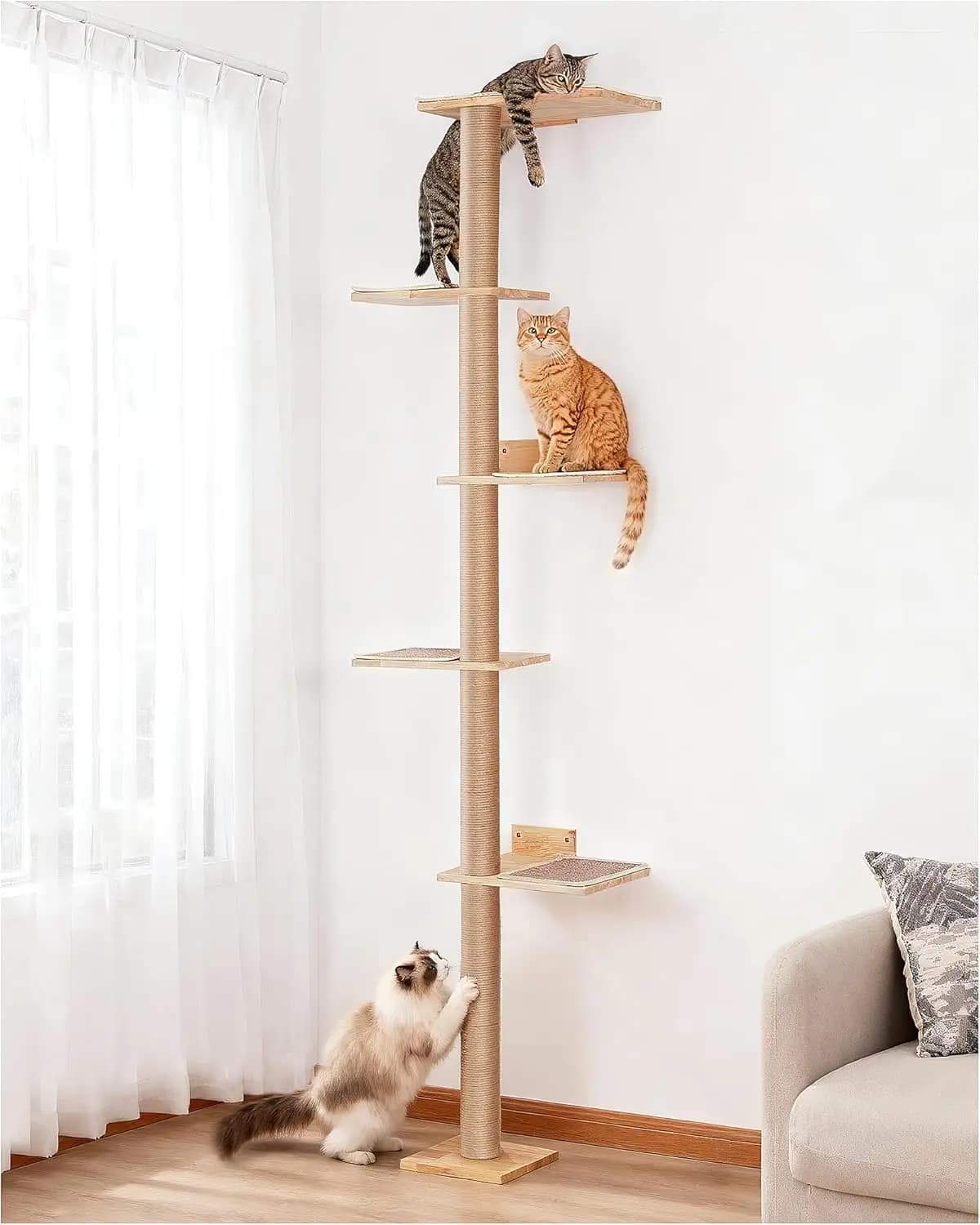 Albero per Gatti da Parete Alto 80 Pollici con Sponde Regolabili per Gatti di Taglia Grande, per Arrampicarsi e Tirare sui Tiragraffi