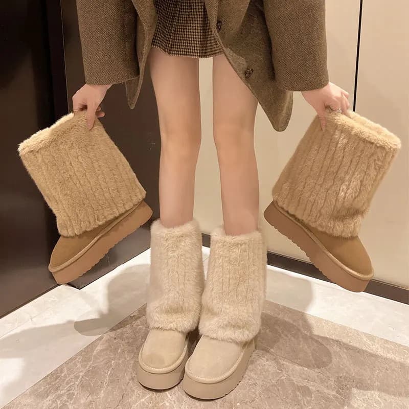Scarpe pelose da donna con suola spessa in inverno 2025 con sottopiede in peluche e stivali da neve che aumentano l'altezza per capispalla