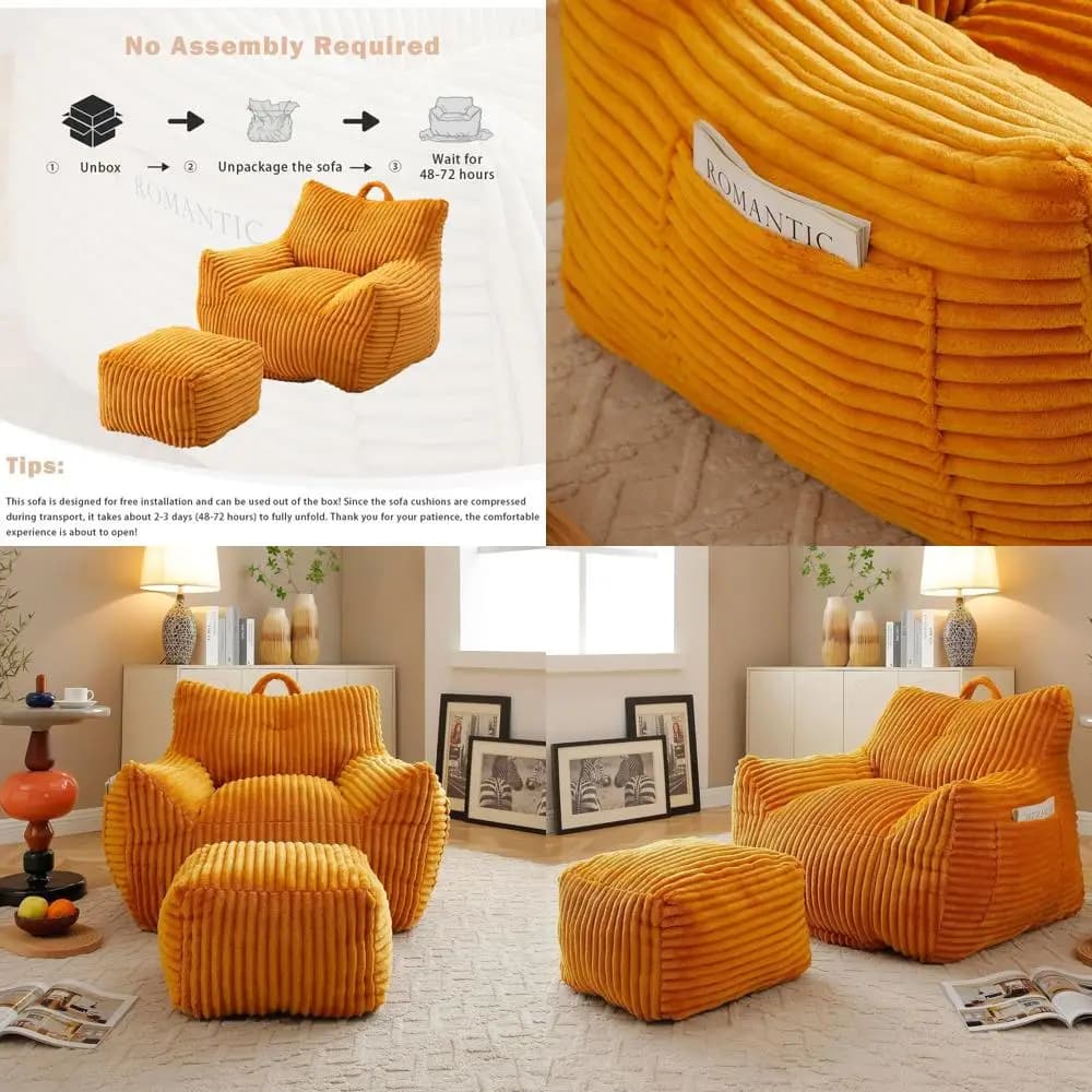 Comoda Poltrona Sacco in Corduroy con Poggiapiedi, Imbottitura in Peluche e Memory Foam, Tasca Laterale per Relax/Gaming