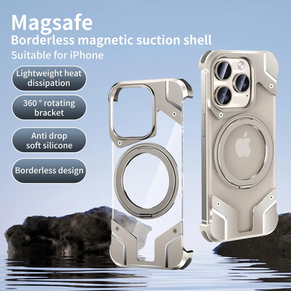 Aluminum Alloy Rimless Case For iPhone 15 14 13 16Pro Max Strong Magnetic Suction Rotating Bracket Metal Bumper Clear Back Cover