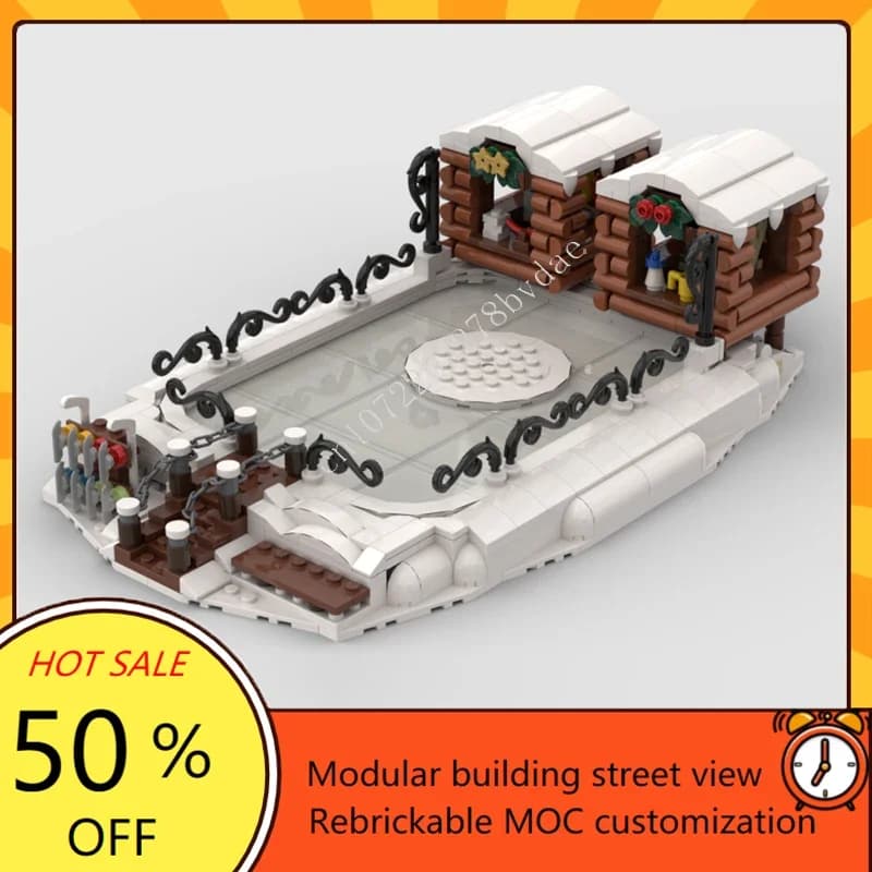 714PCS Villaggio invernale pista di pattinaggio su ghiaccio modulare MOC vista stradale creativa Modello Building Blocks Architettura Modello fai da te Giocattoli Regali