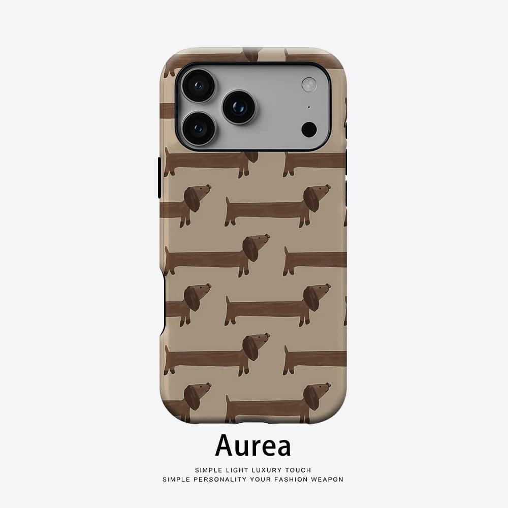 Custodia per telefono a doppio strato con motivo Bassotto su sfondo chiaro marrone, compatibile con custodie magnetiche per iPhone 17 16 15 14 13 Pro Max Plus