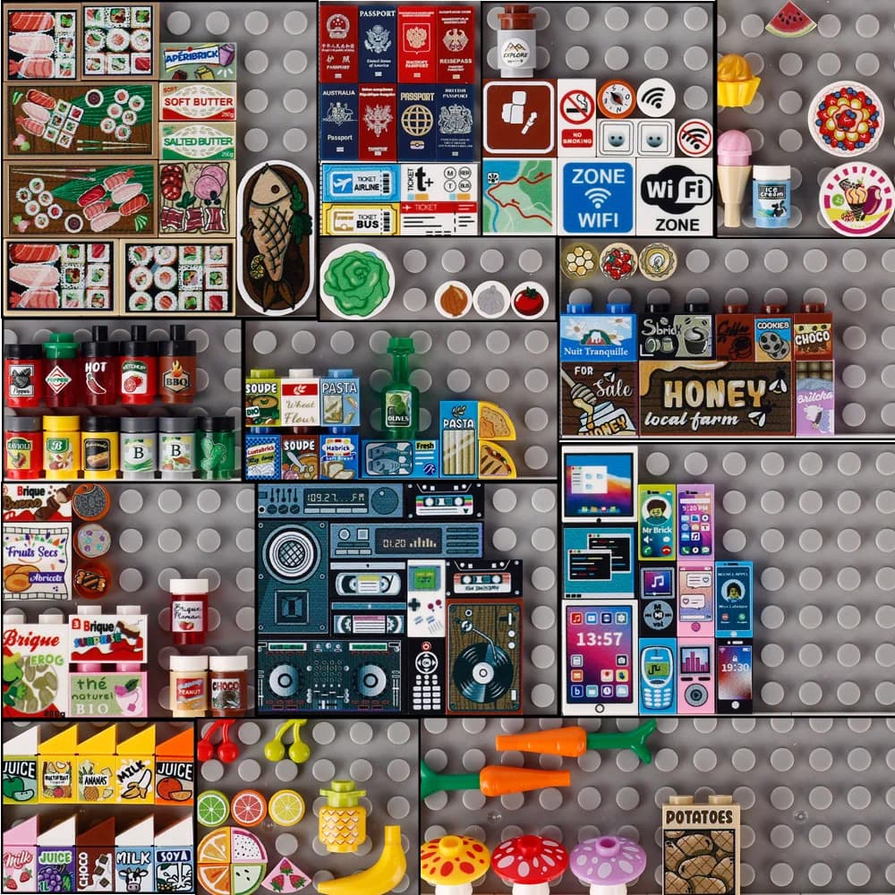 Piastrelle stampate con cibo Passaporto Biglietto aereo Blocchi di costruzione Sushi Pizza Suono Bussola Mappa Succo di latte Salsa Dessert Mattoni Giocattolo
