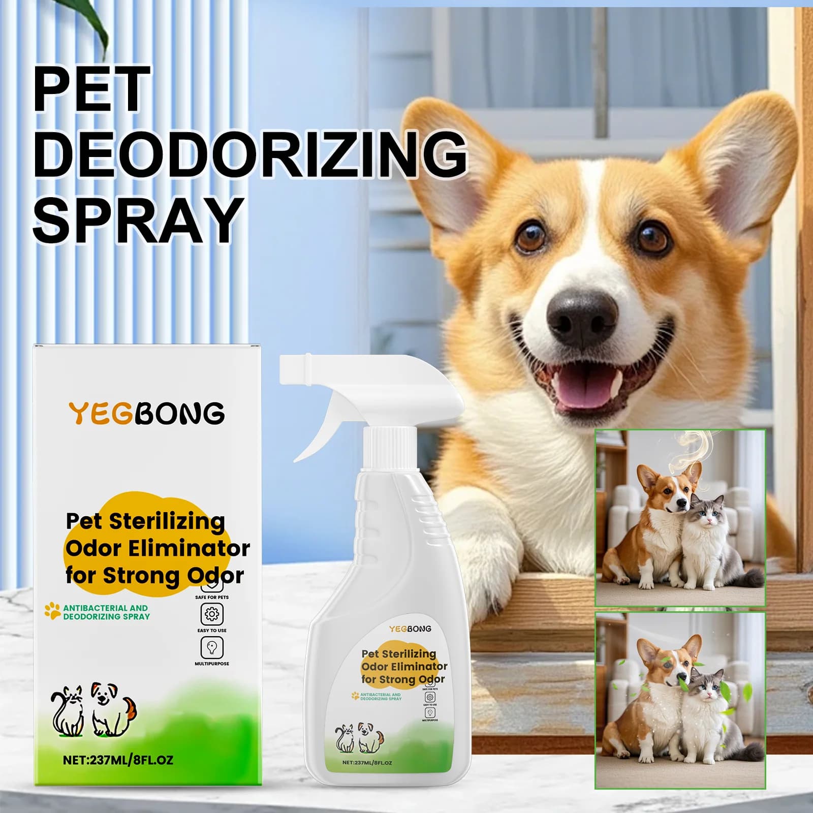 Spray eliminatore di odori per animali domestici per incidenti di urina di cani e gatti su mobili in moquette Nebbia deodorante naturale senza profumo sintetico