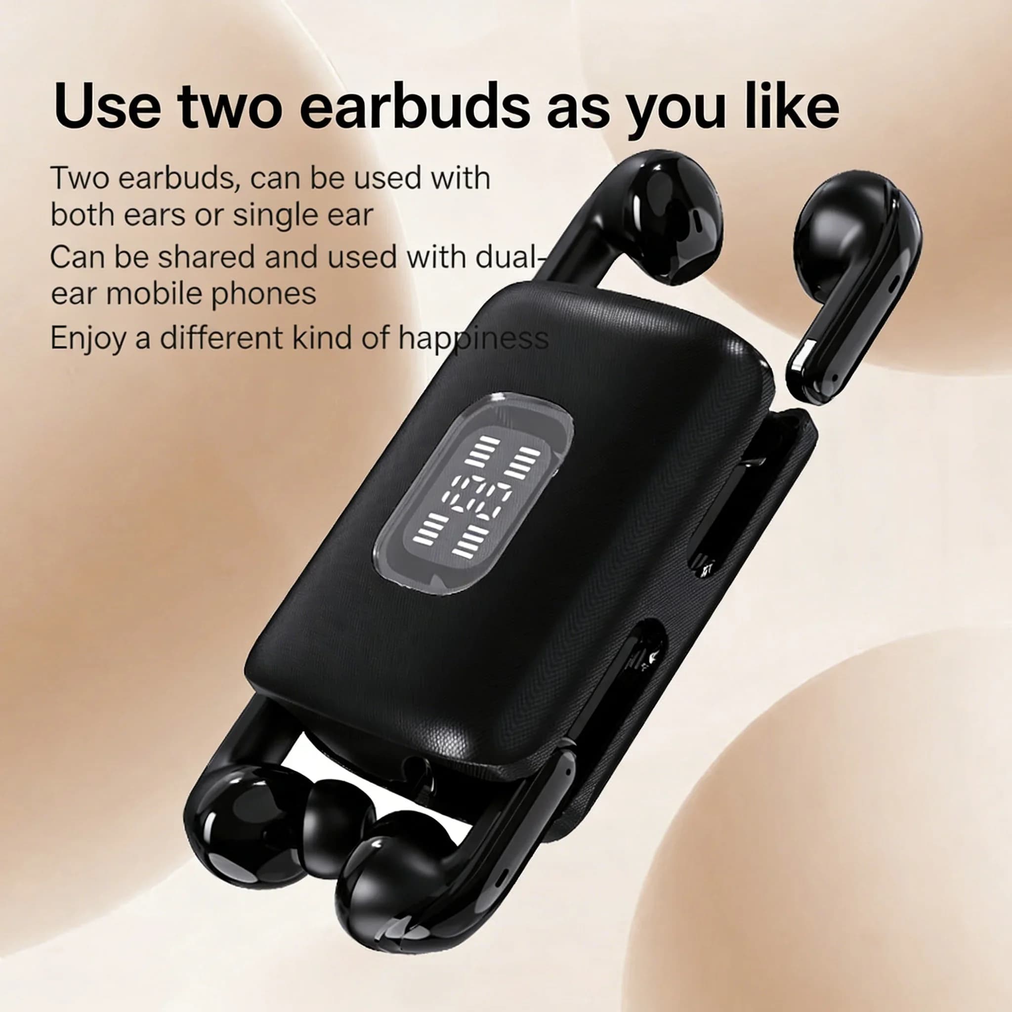 Dual-connect wireless Bluetooth earphones with digital LED display, pair earphones, low latency HIFI audio for music and games