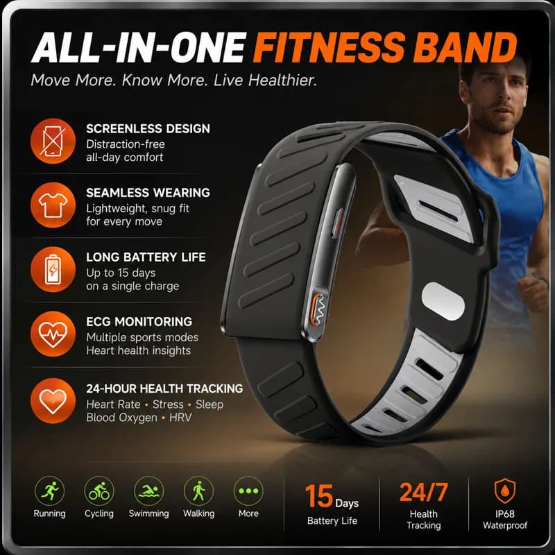 New Screenless Smart Health Band with ECG Heart Rate Sleep SpO2 HRV Blood 3ATM Ultra Light Fitness Smart Bracelet Men Women