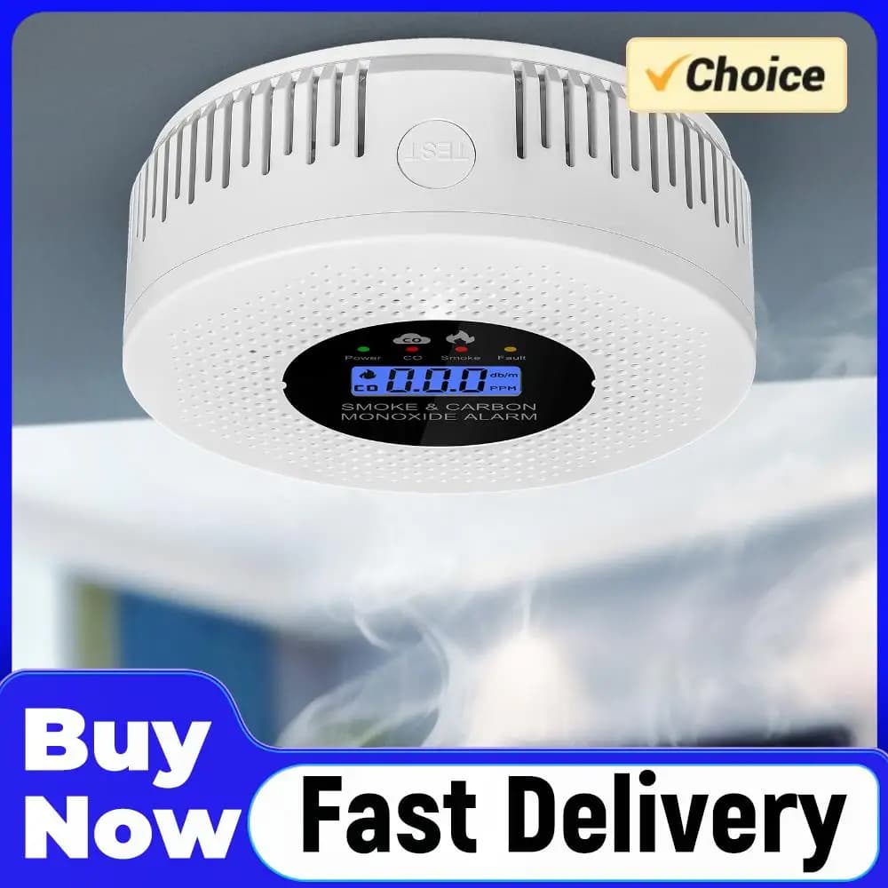 Rilevatore di Fumo e Monossido di Carbonio 2 in 1 con Display LCD, Alimentato a Batteria, Allarme Sonoro ad Alta Precisione per Casa, Cucina, Ufficio