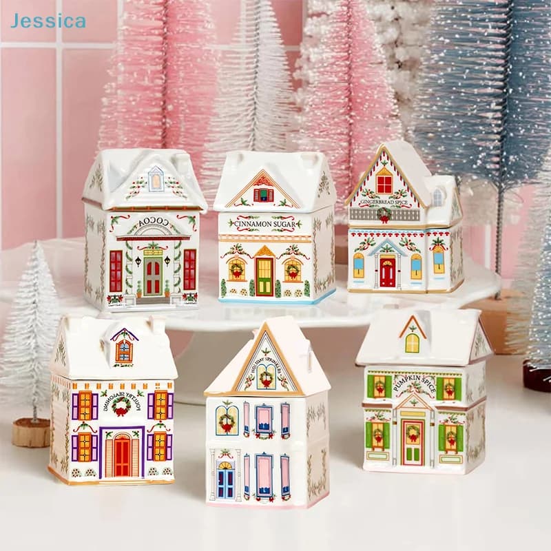 ♥ Set di case delle spezie del villaggio delle vacanze di Natale: mini barattoli di case di pan di zenzero, candela natalizia da appoggio della cucina con decorazioni festive