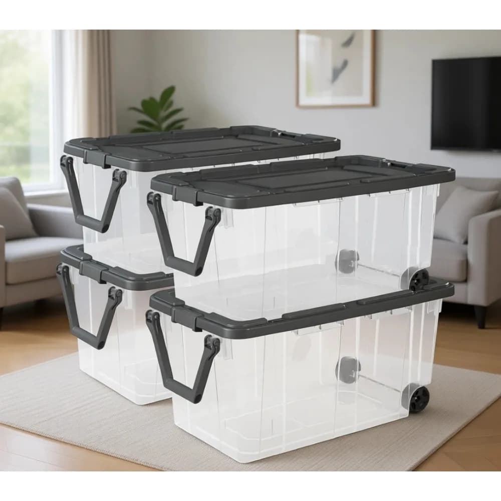 4-Pack Modular Stackable Storage Boxes, Clear Latching Lids, 160 Quart - Organizing Containers for Closet, Bathroom, Office