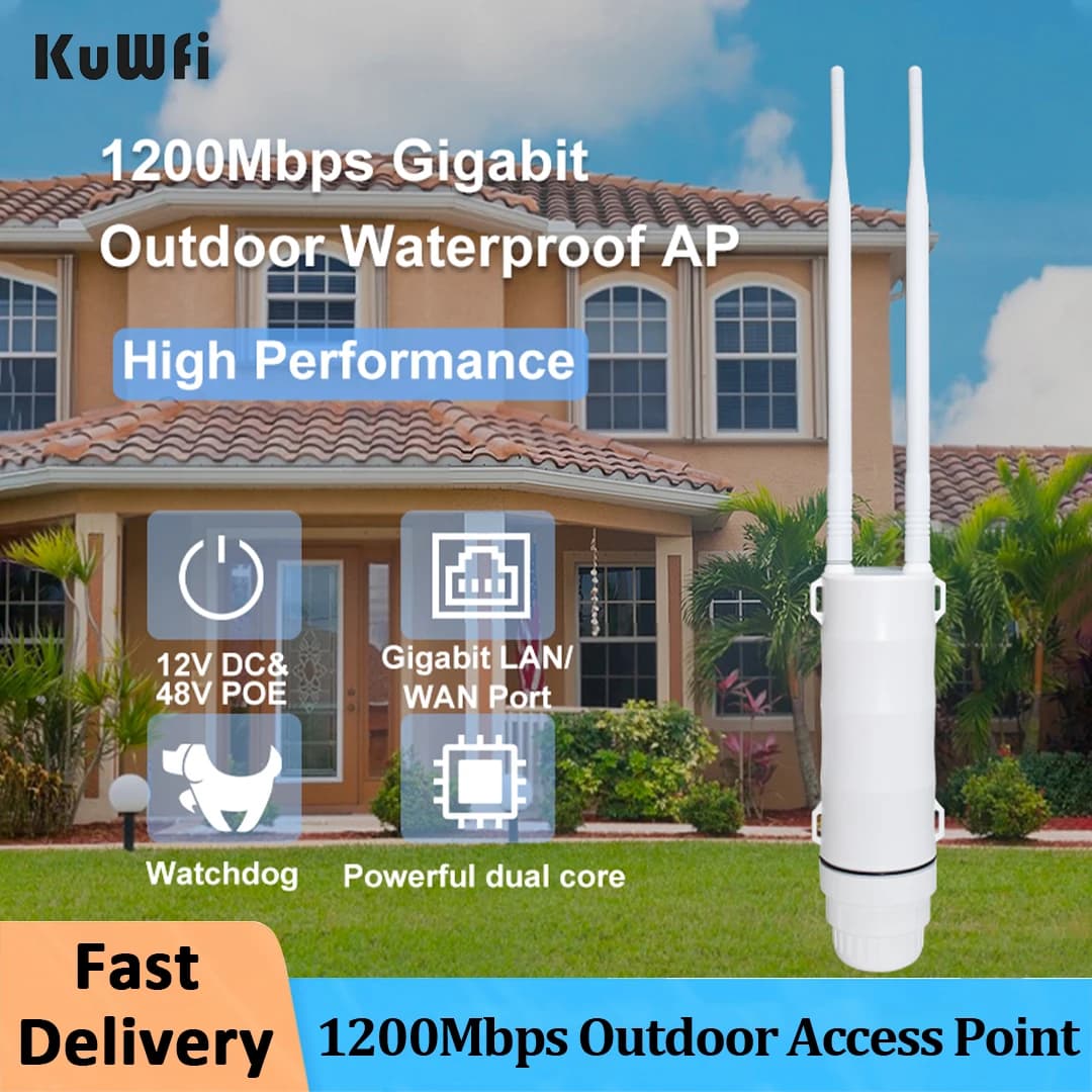 KuWFi Punto di accesso esterno ad alta potenza 11AC 1200Mbps Router WiFi esterno 2G e 5G/Ripetitore AP Extender a lungo raggio per copertura Wi-Fi