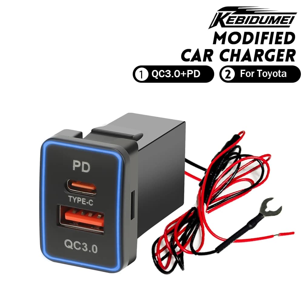KEBIDUMEI 12V/24V Car Charger PD QC3.0 Charger Socket Power Adapter USB Outlet With Cable LED Light for Toyota Car Accessories