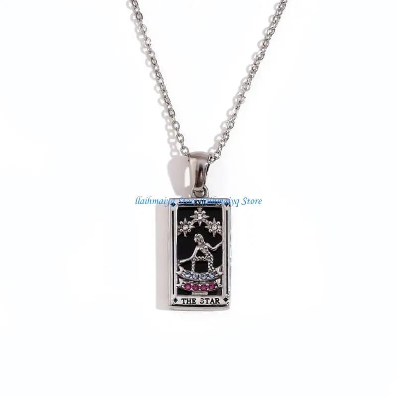 573B Collana classica unisex con carte dei tarocchi Collana con ciondolo quadrato in acciaio inossidabile con design dal fascino