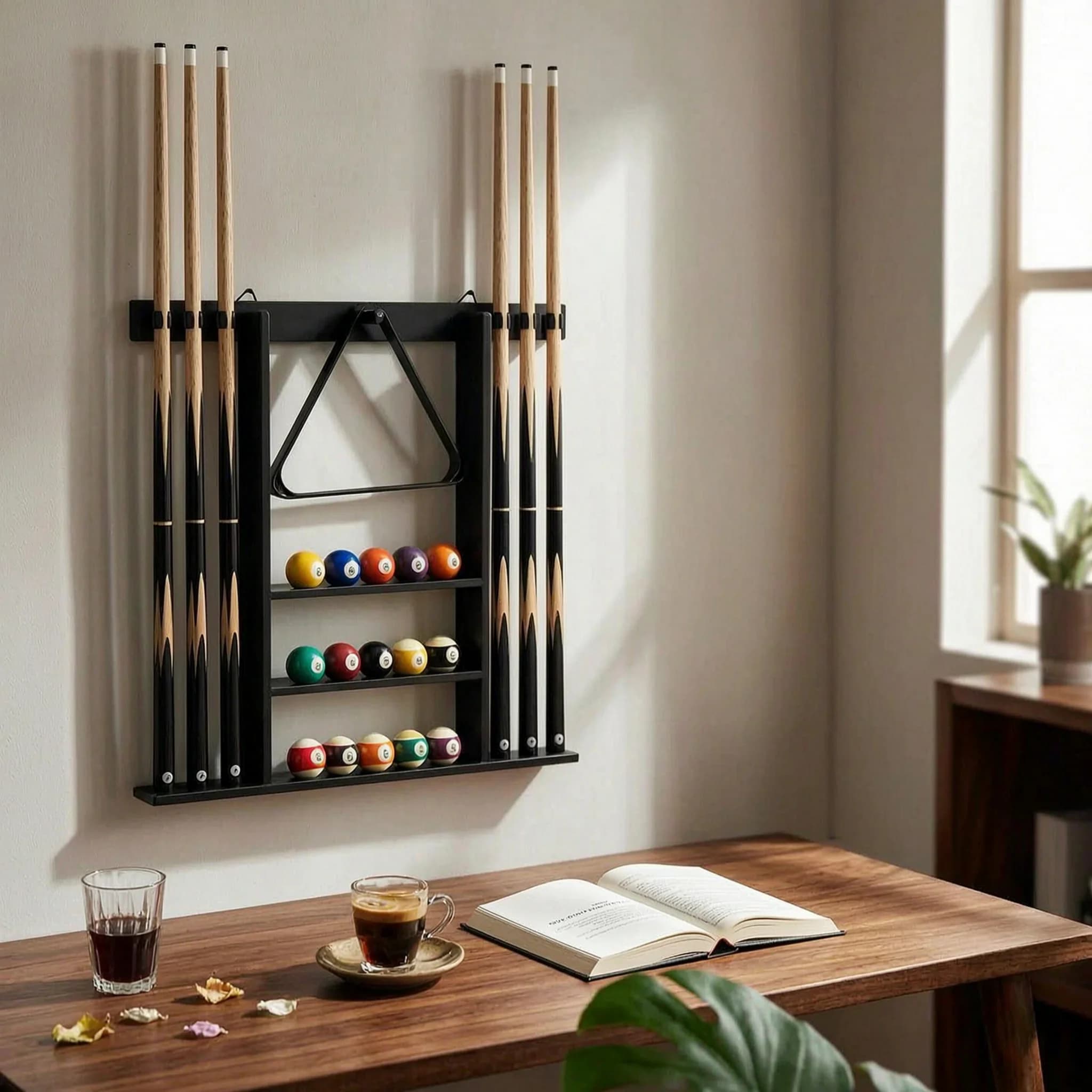 Pool Cue Rack with Accessory Storage Hardwood Pool Cue Rack Sturdy Easy to Install for Game Room, Home Bar