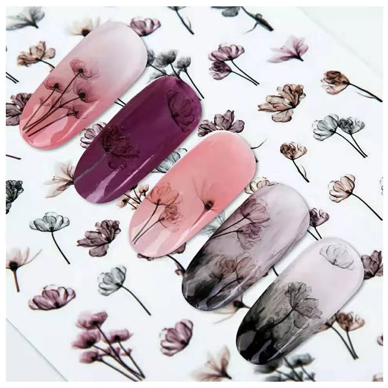 Decalcomanie per Nail Art 3d grigio fiori secchi acquerello sfumatura fiori cursori adesivi per unghie adesivi decorazioni per manicure suggerimenti