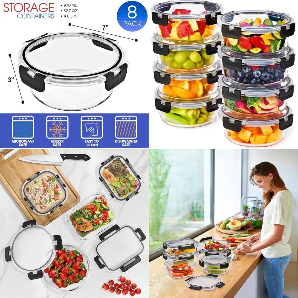 Set di 16 contenitori per la preparazione dei pasti in vetro - 8 ciotole rotonde da 32 once con coperchi, 4 tazze, congelatore, lavastoviglie, adatti al forno