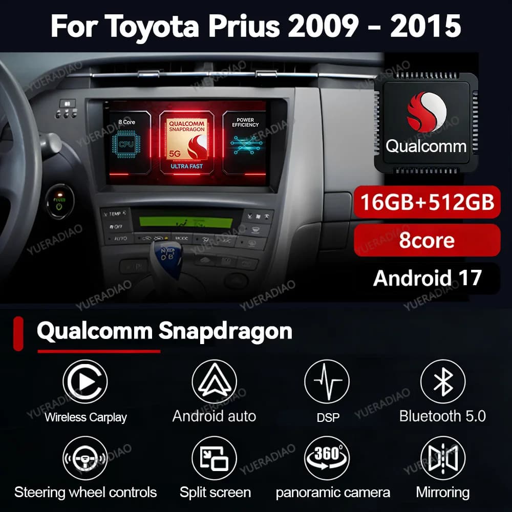 Android 17 Car Radio For Toyota Prius XW30 2009 - 2015 Head Unit Multimedia Stereo Video Player Carplay Auto AI VOICE 4G WIFI BT