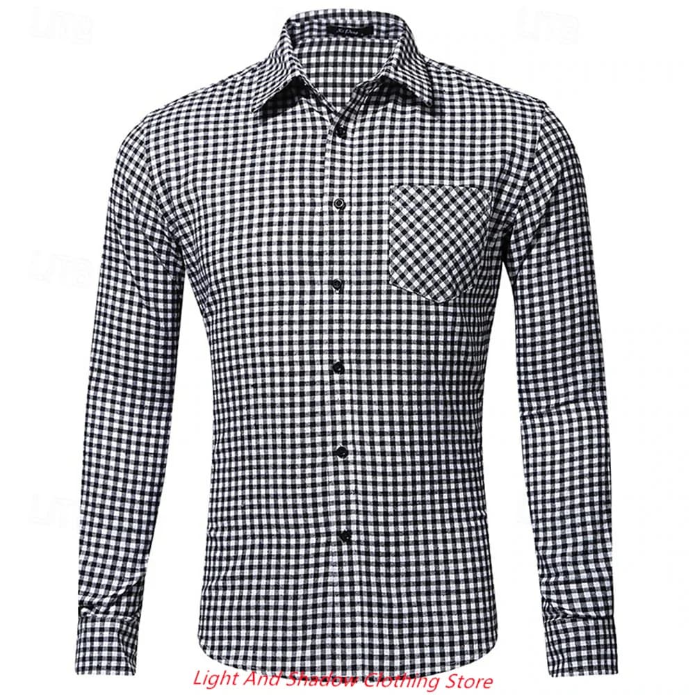 2025 Men's New Checkered Stripe Printed Shirt Fashion Business Casual Pocket Shirt Flip Collar Single breasted Men's Clothing