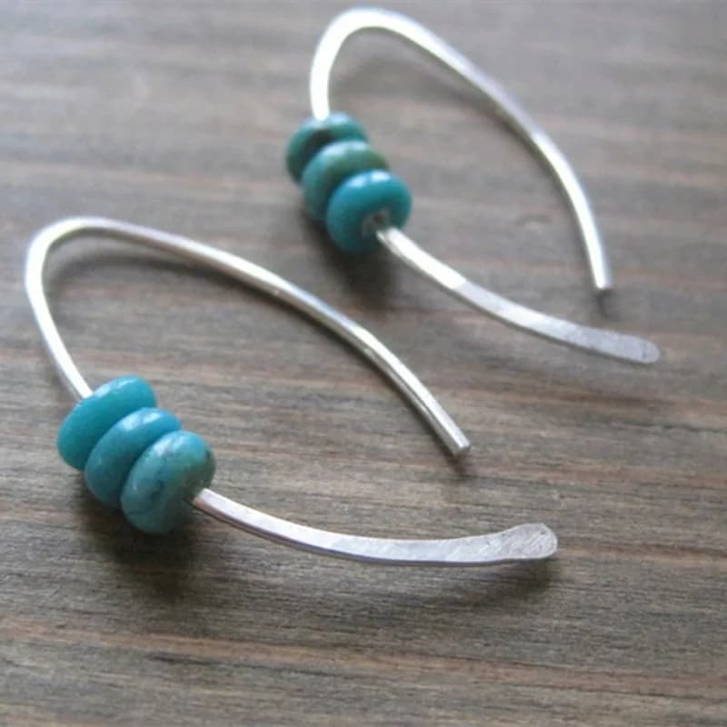 BKBK Minimalist Thin Curved Wire Three Stacked Turquoise Bead Threader Women Earrings Korean Fashion High-end Jewelry Bohemian Style for Western Ladies 4th July Xmas Thanksgiving Beach Camping Casual Daily Outdoor Boho Market Ear Accessories