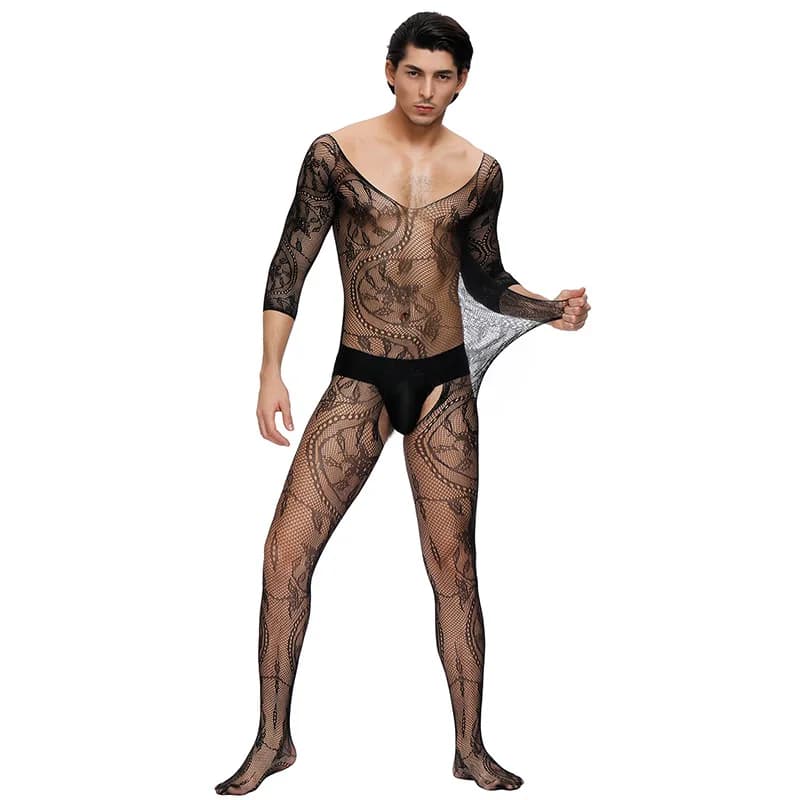 Sexy Men's Body in Long Sleeves with Inguine Opening, No Need to Slip, Net Collant, Sensual Intimate Adults