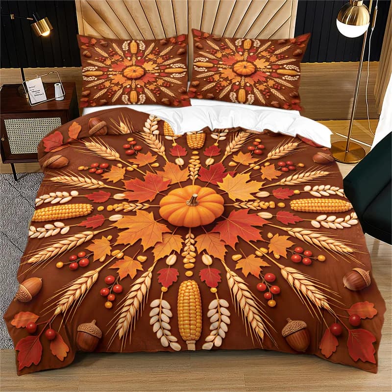Fall Harvest Pumpkin Maple Duvet Cover Set Bedding Set No Filler Digital Print Comforter Cover, Soft Microfiber for Autumn Farm