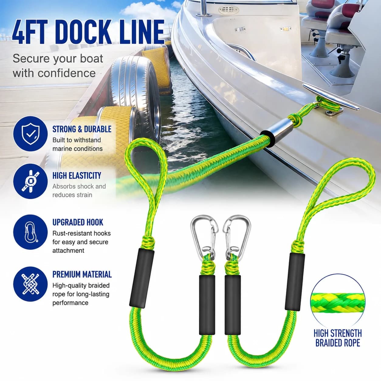 4FT Bungee Dock Line with Stainless Steel Clip Elastic Boat Mooring Rope Shock Cord Anchor Buffers for PWC Jet Ski Kayak Dinghy