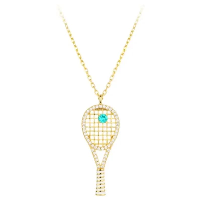 Collana Bellux con Ciondolo a Forma di Racchetta da Tennis in Argento 925 con Zirconi Sintetici e Oro Giallo, Design Traforato e Carino