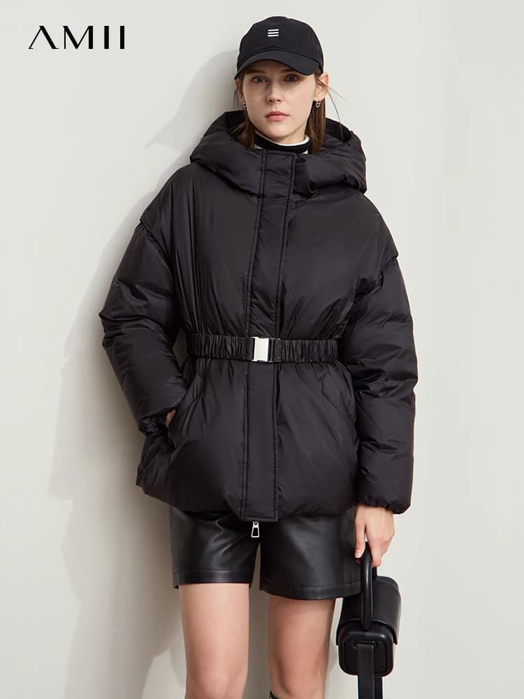 AMII Minimalist 2024 Winter Down Jacket for Women Elastic Belt Detachable Sleeves Women Warm Thick Hooded Outerwear 12444052