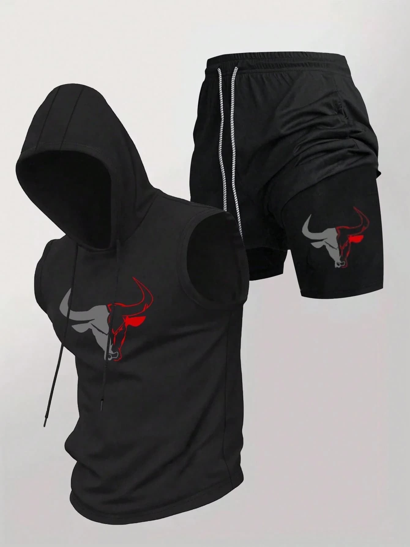 Completo da uomo 2 pezzi nero con gilet senza maniche con cappuccio e pantaloncini, tuta da palestra con stampa toro, abbigliamento traspirante per allenamento fitness primavera estate