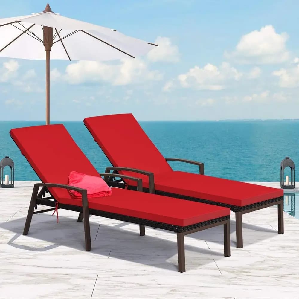 2 PCS Patio Rattan Chaise Lounge Chair, Outdoor Reclining Chaise with Cushion and Armrest, Wicker Sun Lounger with Adjustable Ba