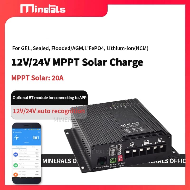 Regolatore di Carica Solare MPPT 20A 12V/24V, Caricabatterie con Uscita Massima 50V per Ingresso PV