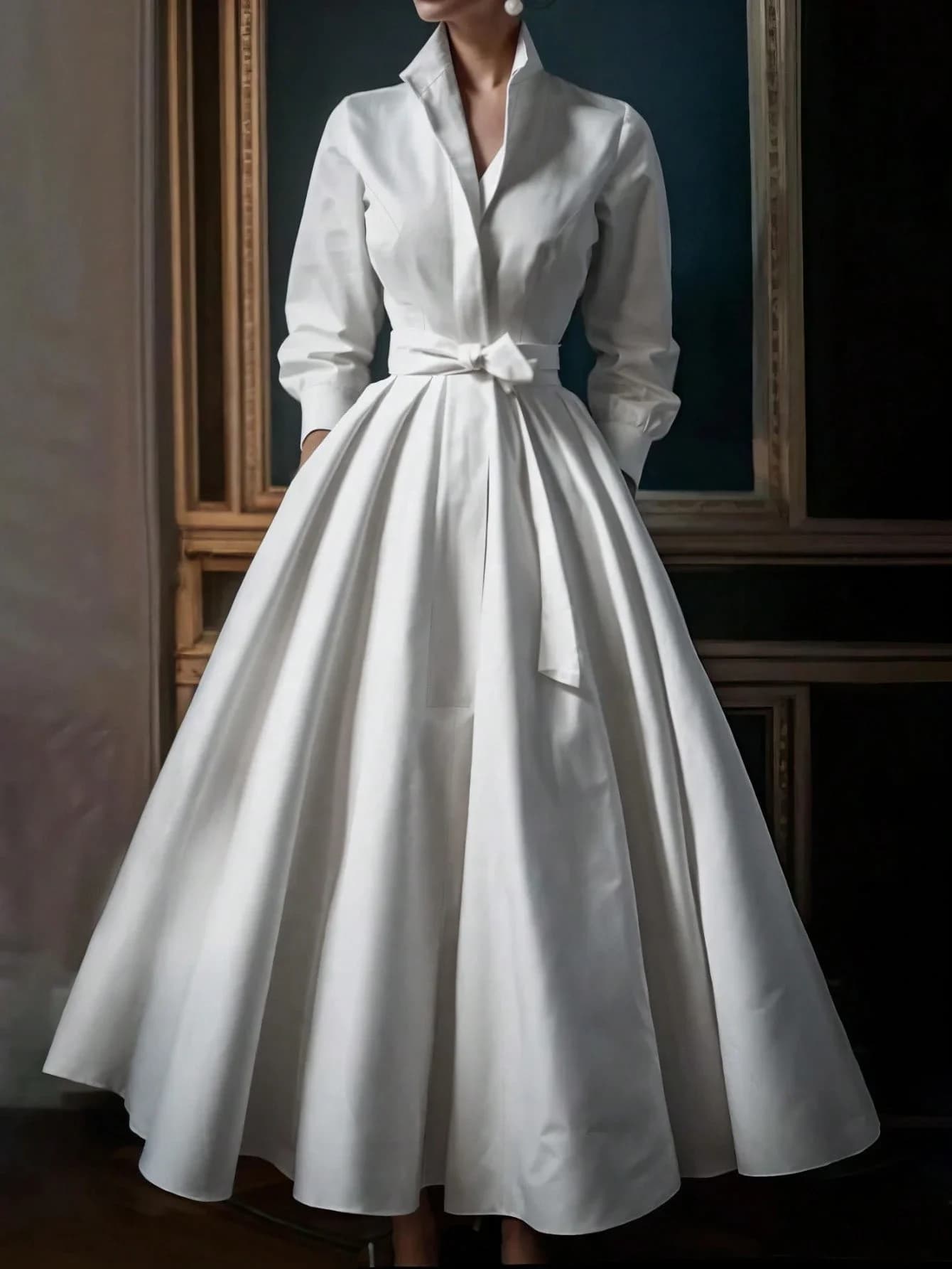 Elegante Abito Chemisier a Maniche Lunghe con Cintura in Vita, Vestito Lungo a Trapezio per Feste, Matrimoni e Occasioni Formali
