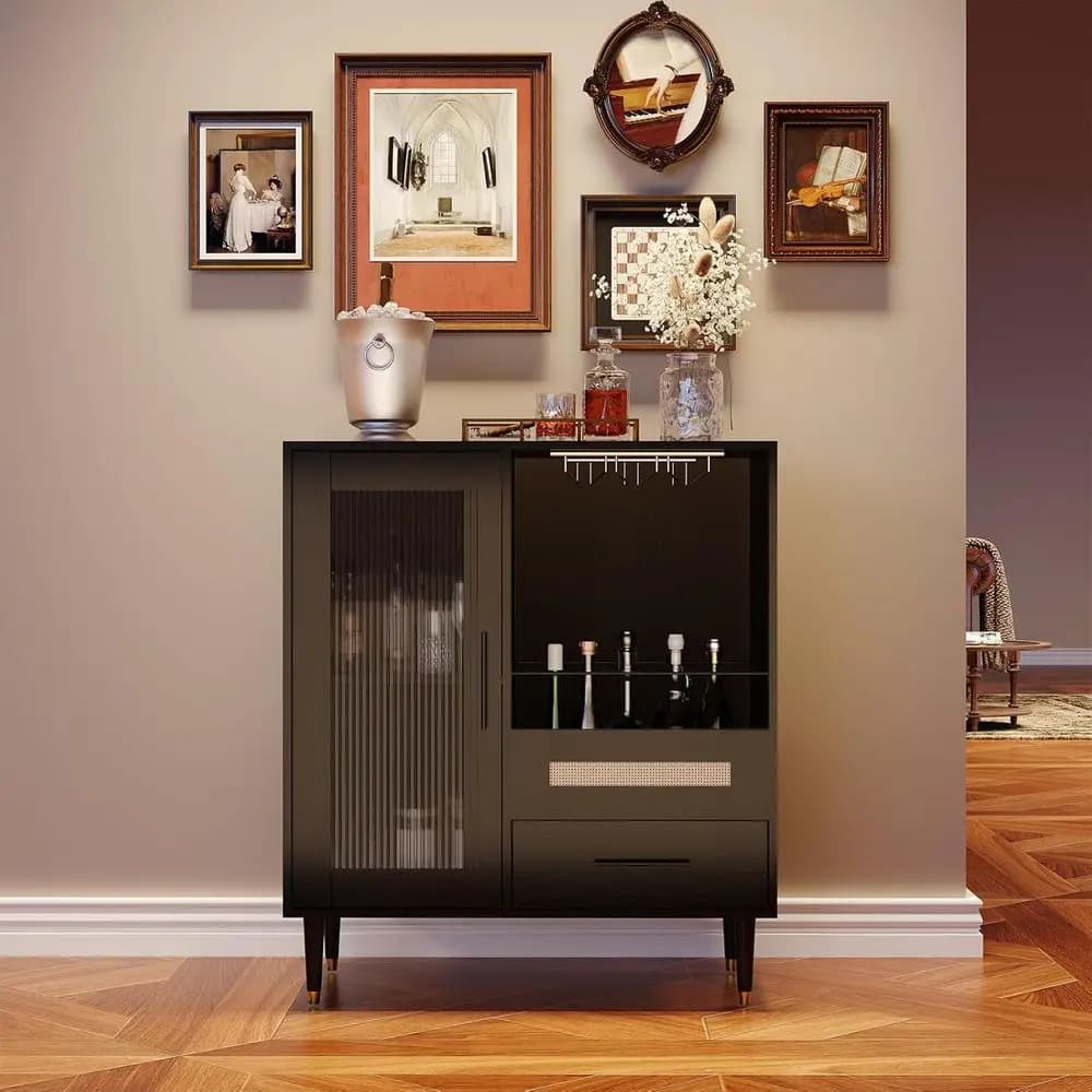 Mobile Bar con Porta in Vetro Temperato 30.7, Elegante Credenza per Sala da Pranzo con Ripiani e Portabicchieri