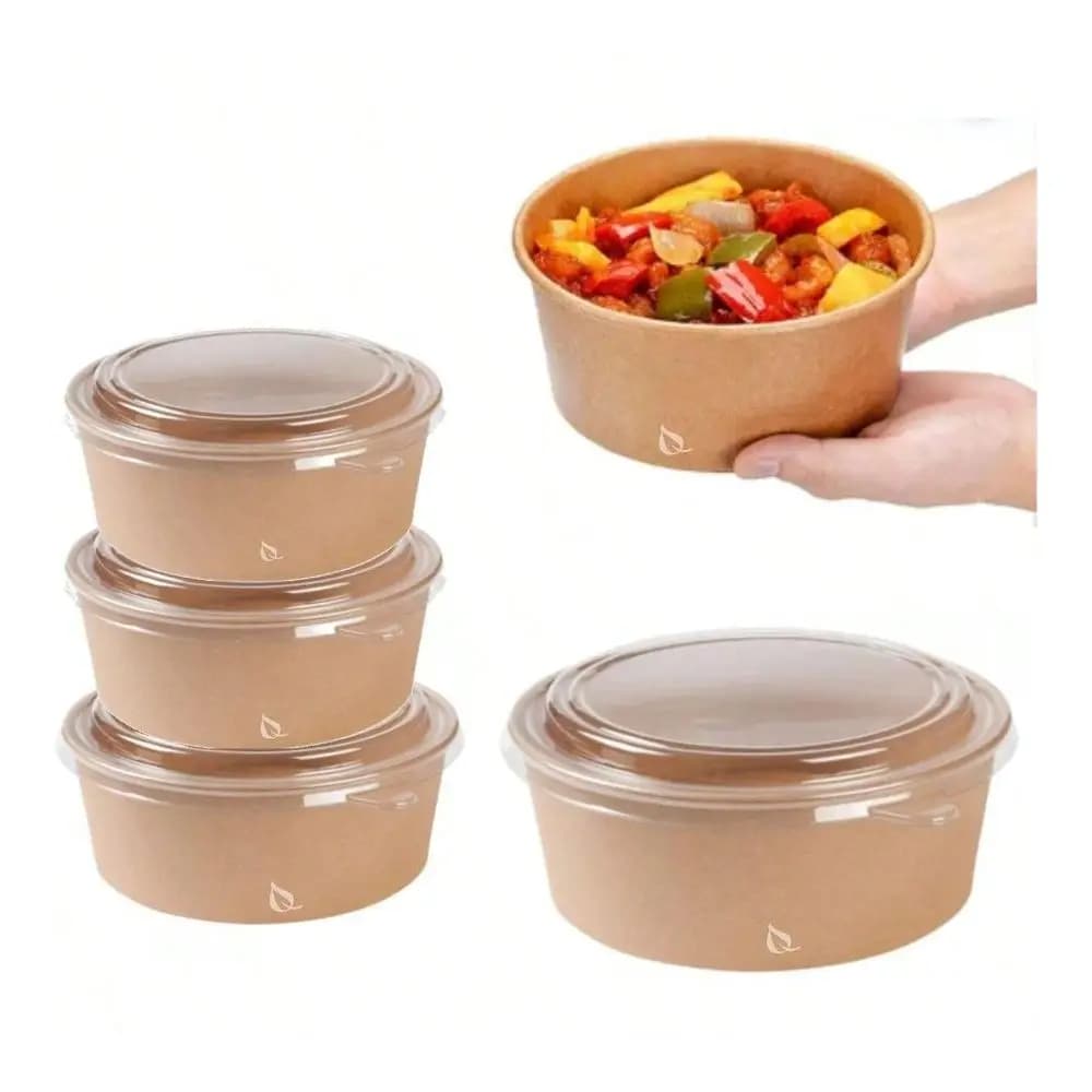 Ciotola Rotonda in Carta Kraft da 32oz con Coperchio in PET, Contenitore Monouso per Alimenti, Snack, Insalate, Zuppe, Preparazione Pasti, Confezione da 200